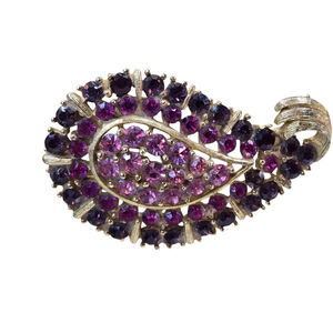 Vintage Estate Brooch Pink Amethyst Art Deco Pin GoldTone Paisley Rhinestone